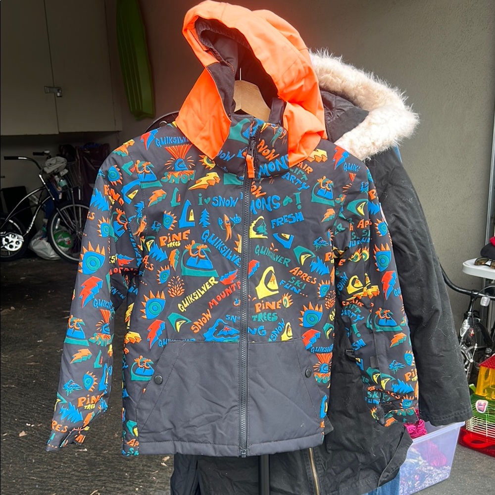 Volcom Kids Gray Jacket with Bright Orange Hood and Multicolored Graphic Print